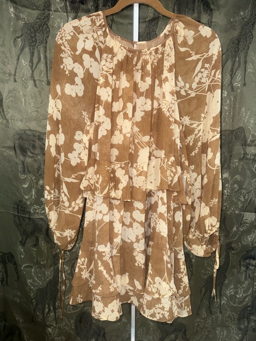 Parker Brown and Cream Floral Long-Sleeve Mini Dress
